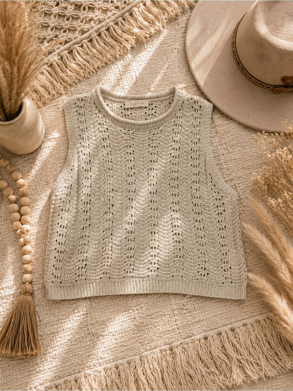 Solitaire Beige Open Knit Sweater Tank | Boho Sleeveless Crochet Top | Neutral